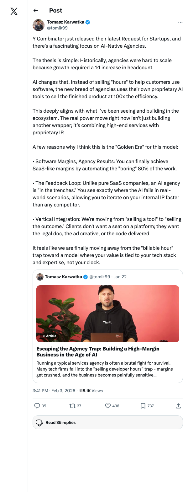 Tweet from @tomik99 about YC AI agencies